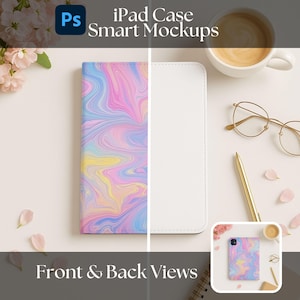 May include: An iPad case with a colorful, swirling pattern in pink, blue, and yellow, next to a white case. The image includes a cup of coffee, glasses, and the text "iPad Case Smart Mockups" and "Front & Back Views."