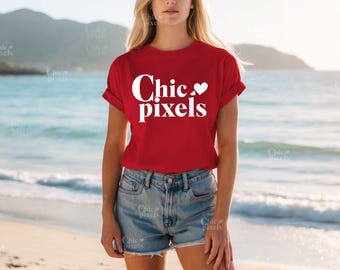 Maqueta de camisa de verano roja Bella Canvas 3001 Maqueta de camiseta roja Bella+Canvas Maqueta de camiseta POD de playa Maqueta de modelo de moda Maqueta de modelo