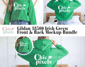 May include: Front and back mockup of a Gildan 18500 Irish Green hoodie with the text "Chic pixels" and a heart printed on the front and back.