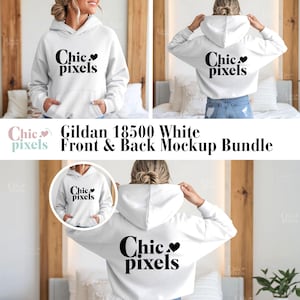 Puede incluir: Maqueta de sudadera con capucha blanca Gildan 18500 con el texto "Chic pixels" impreso en la parte delantera y trasera. La sudadera se muestra en una modelo que lleva jeans.