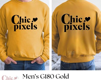 May include: A mustard yellow sweatshirt with the text "Chic pixels" in black lettering and a small heart symbol. The sweatshirt is shown from the front and back.