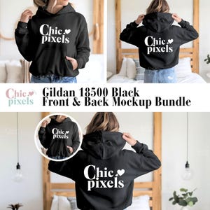 May include: Black Gildan 18500 hoodie mockup with the text "Chic pixels" in white on the front and back.