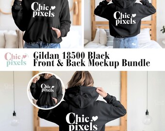 Gildan 18500 Black Hoodie Front & Back Mockup, G185 Black Hooded Sweatshirt Split Mock-up, Gildan Hoodie Model Mockup Bundle, Trendy