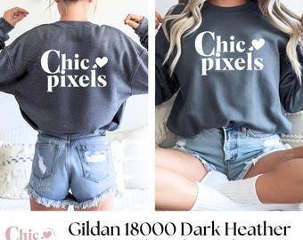 Gildan 18000 Dark Heather Sweatshirt Front & Back Mockup Bundle, G180 Dark Heather Sweatshirt Back Mock-up, Front and Back Mockups Gray