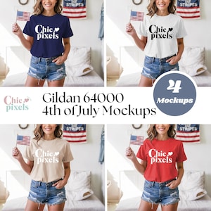 May include: Four mockups of a Gildan 64000 t-shirt in different colors: navy blue, white, beige, and red. Each mockup features a woman holding a small American flag and wearing denim shorts. The t-shirts all have the text "Chic pixels" printed on the front.