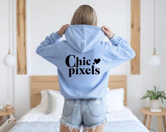 Maqueta de sudadera con capucha azul claro Gildan 18500, parte trasera G185, parte trasera de sudadera con capucha azul claro, maqueta de sudadera con capucha azul claro Gildan, parte trasera, maqueta de modelo