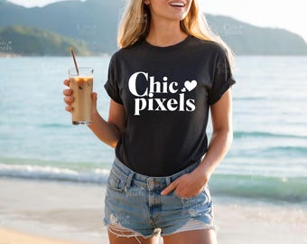 Bella Canvas 3001 Heather Black Summer Shirt Mockup Bella+Canvas Heather Black Tshirt Mockup POD T-Shirt Beach Mockup Trendy Model Mockup