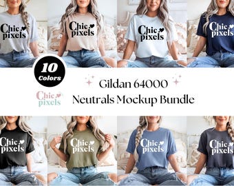 May include: A mockup bundle of ten Gildan 64000 t-shirts in various neutral colors. Each shirt features the "Chic pixels" logo. The image includes the text "10 Colors" and "Neutrals Mockup Bundle".