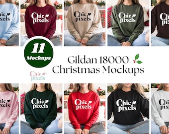 May include: A selection of eleven Gildan 18000 Christmas mockups. The sweatshirts are in various colours, including light blue, burgundy, beige, olive green, and brown. Each sweatshirt features the text "Chic pixels" in white. The image also includes a green circle with the number "11" and the word "Mockups".