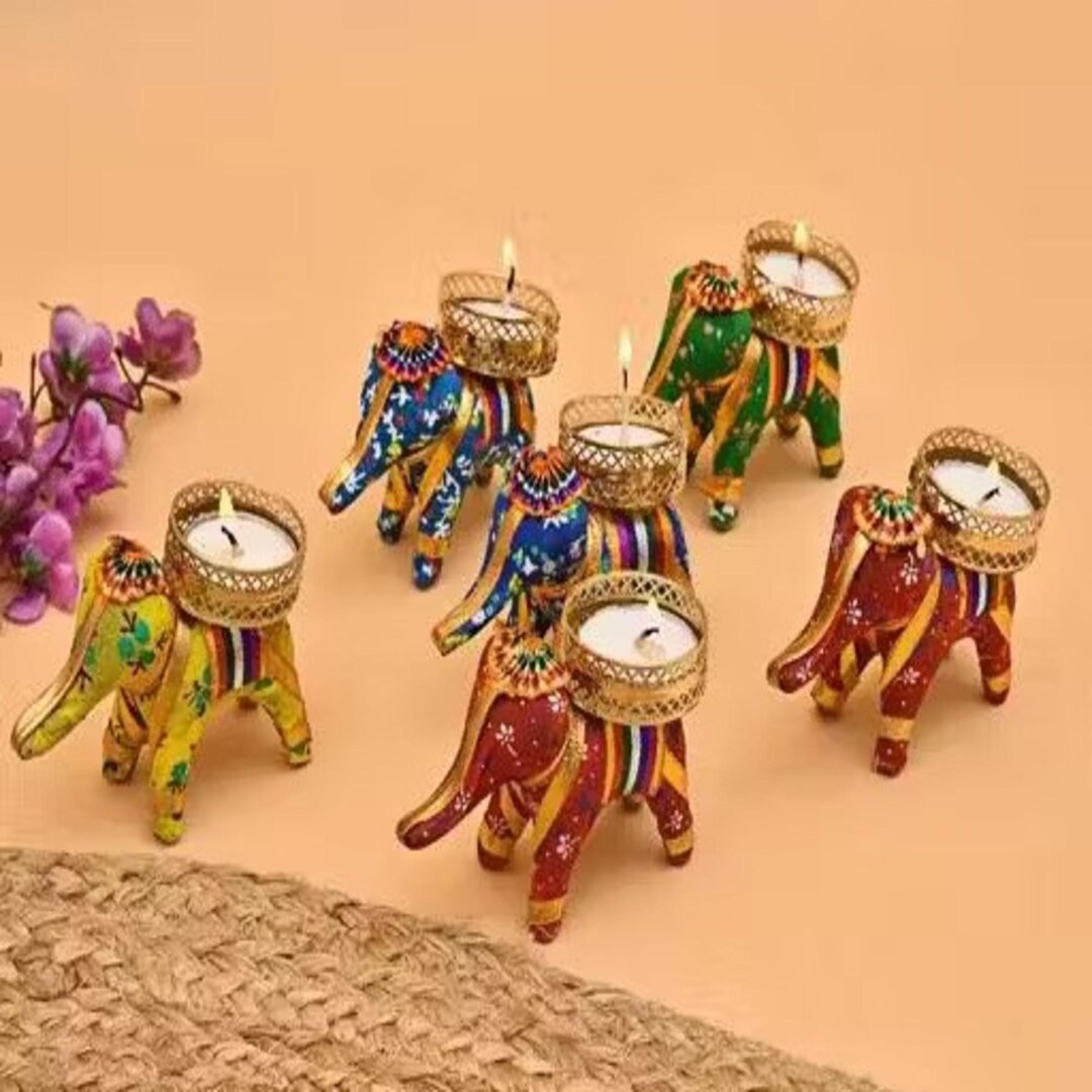 5 Pcs Handcrafted Elephant Tea Light Holder Set – Indian Ethnic Decor ...