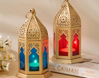 Moroccan Style Metal Lantern: Colorful Glass Candle Holder, 16cm Vintage Decor