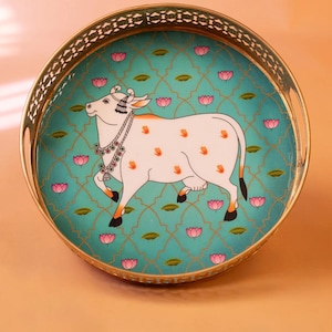 Handcrafted Metal Serving Tray: Cow & Lotus Indian Art - 8 Inch