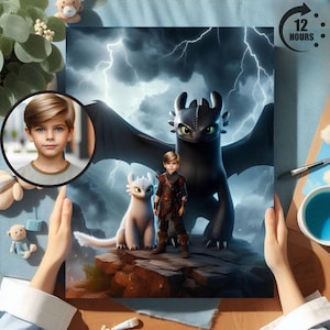 Personalized Kid Training a Dragon, Dragon Art, Custom Portrait From Photo, Dragon Birthday Party, Gift for Kid and Adult, Kid Birthday Gift