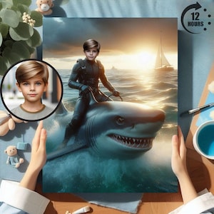 Personalized Kid Riding a Shark, Personalized Shark Portrait, Custom Shark Portrait From Your Photo, Shark Birthday Party, Personalized Gift