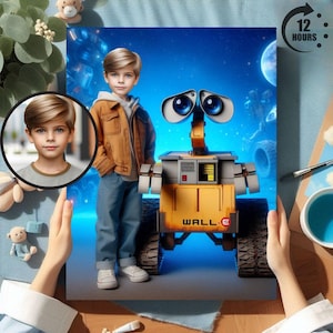 May include: A digital painting of a young boy standing next to WALL-E, the robot from the animated film WALL-E. The boy is wearing a brown jacket, blue jeans, and trainers. WALL-E is a yellow robot with a large, rectangular body and a small, round head. The background is a blue and purple space scene.