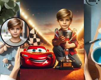 Personalized Lightning McQueen Portrait: Custom Caricature Gift (Digital File)