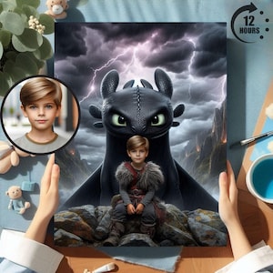 Personalized Kid Training a Dragon, Dragon Art, Custom Portrait From Photo, Dragon Birthday Party, Gift for Kid and Adult, Kid Birthday Gift