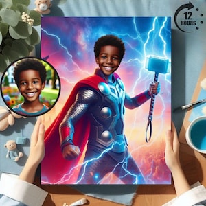 May include: A digital painting of a young boy dressed as Thor, the Norse god of thunder. He is holding his hammer, Mjolnir, and is surrounded by lightning bolts. The painting is set against a backdrop of a stormy sky.