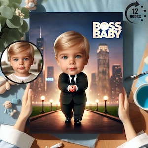 Retrato personalizado de Boss Baby, telón de fondo de Boss Baby, telón de fondo de cumpleaños personalizado de Boss Baby, tarjeta de invitación de cumpleaños de Boss Baby, regalo de Boss Baby