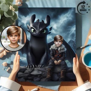 Personalized Kid Training a Dragon, Dragon Art, Custom Portrait From Photo, Dragon Birthday Party, Gift for Kid and Adult, Kid Birthday Gift