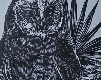 Owl on Mulberry linocut Print by artist Victoria Rose Martin