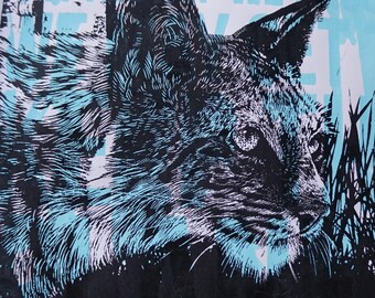 Florida Bobcat with Palm Beach Clock Tower, linocut by artist Victoria Rose Martin