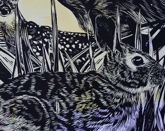 Key Deer and Marsh Rabbit Printmaking Print by artist Victoria Rose Martin