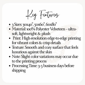 May include: A white background with black text listing key features of a product. The text includes three size options: 30x40 inches, 50x60 inches, and 60x80 inches. The material is 100% polyester velveteen, ultra-soft, lightweight, and plush.