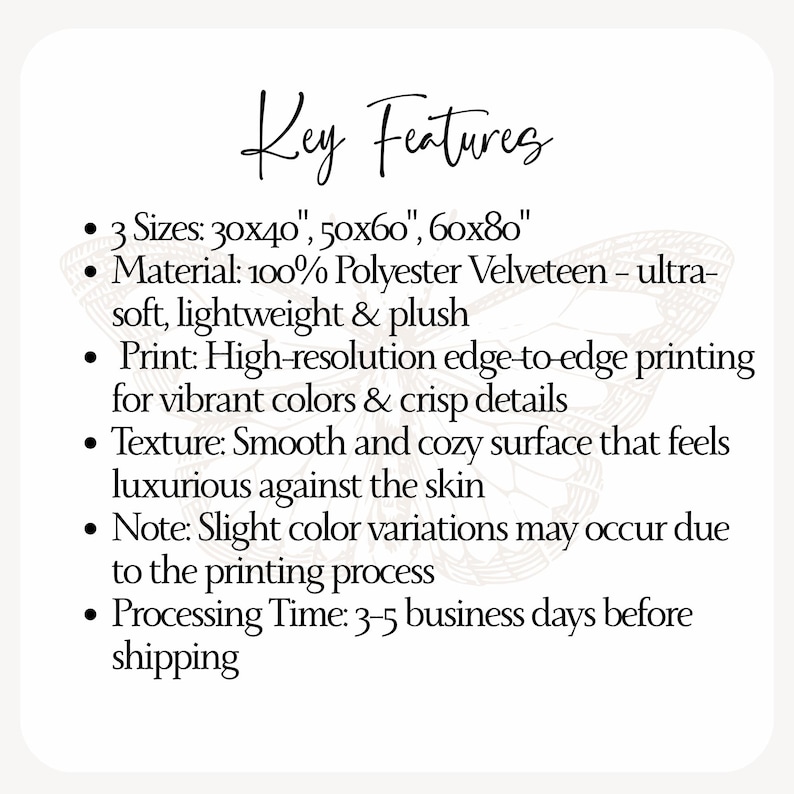 May include: A white background with black text listing key features of a product. The text includes three size options: 30x40 inches, 50x60 inches, and 60x80 inches. The material is 100% polyester velveteen, ultra-soft, lightweight, and plush.