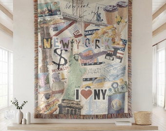 100 % Cotton New York Woven Blanket – NYC Travel Collage Throw, Urban Home Decor Gift