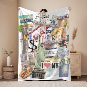 May include: White blanket featuring a collage of New York City imagery. Includes the Statue of Liberty, a yellow taxi, a hot dog, and the words "New York City". The design incorporates stamps, maps, and other iconic city elements.