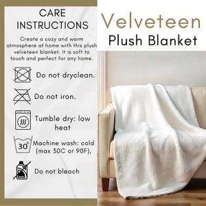 May include: A white velveteen plush blanket draped over a beige sofa. The blanket is soft and fluffy. Text on the left side reads "Care Instructions" and details on how to wash the blanket. The blanket is machine washable in cold water.