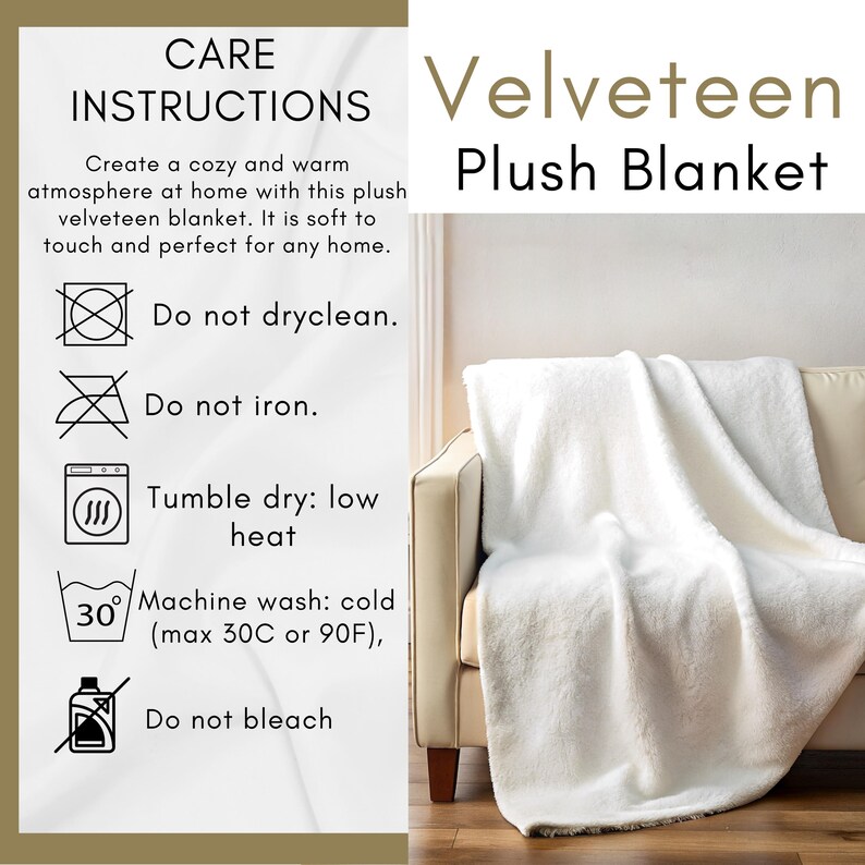 May include: A white velveteen plush blanket draped over a beige sofa. The blanket is soft and fluffy. Text on the left side reads "Care Instructions" and details on how to wash the blanket. The blanket is machine washable in cold water.