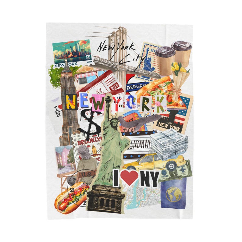 May include: A white blanket featuring a collage of New York City imagery. The design includes the Statue of Liberty, the Brooklyn Bridge, a yellow taxi, pizza, coffee cups, and the text "New York City" and "I ❤️ NY."
