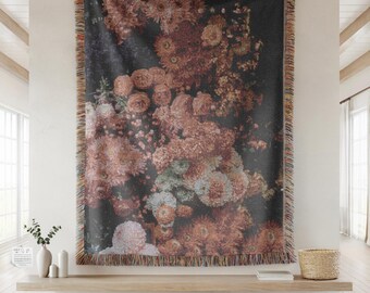 Floral Woven Blanket – 100% Cotton Vintage Botanical Throw, Cottagecore Home Décor