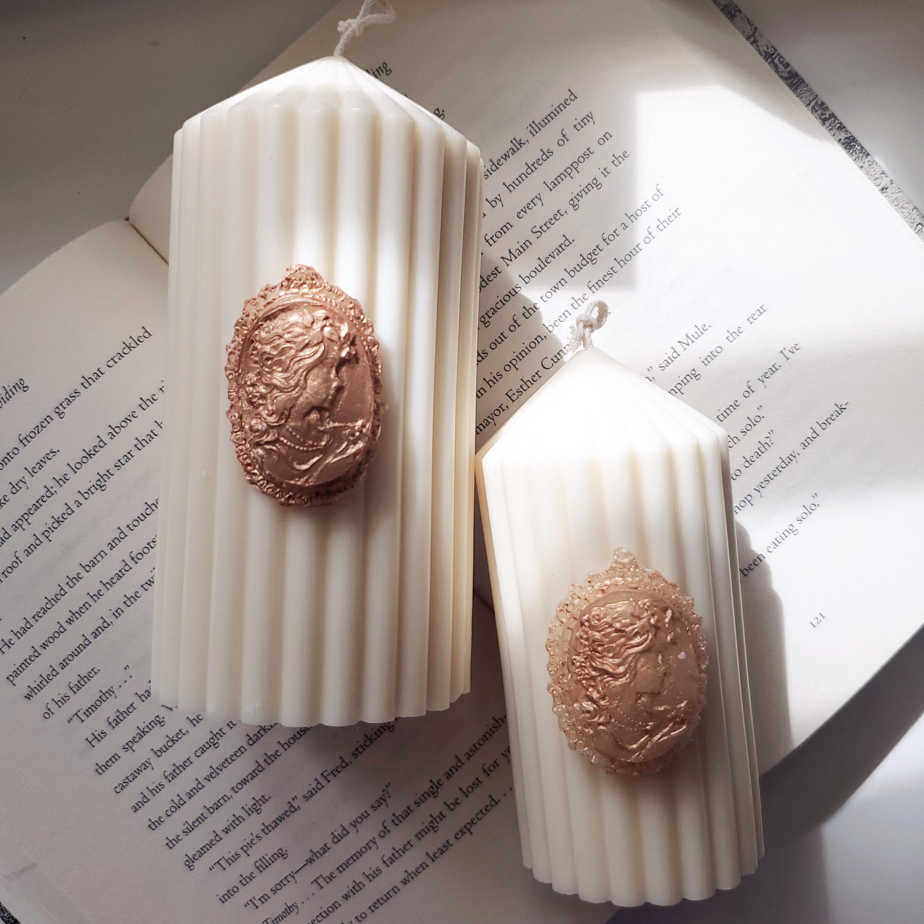 Ribbed Pillar Candles with Lady Cameo