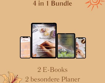 May include: A digital bundle of four items: two e-books and two planners. The e-books are titled "Numerology" and "Numerology trifft afrikanische Spiritualität". The planners are titled "Planer".
