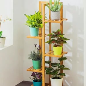 Może przedstawiać: Drewniany stojak na rośliny z pięcioma półkami, na których każda stoi doniczka z rośliną. Rośliny to różne odmiany zieleni, w tym sukulent, roślina liściasta i paprotka. Stojak wykonany jest z naturalnego bambusa i ma rustykalny, wiejski styl.