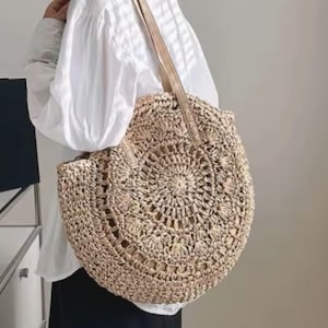 Round Summer Straw Tote Beach Bag