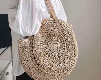 Round Summer Straw Tote Beach Bag