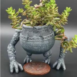 May include: A grey, sculpted planter shaped like a creature with two arms and legs. The planter has a round, grey pot with a decorative design. The pot is filled with green succulents.