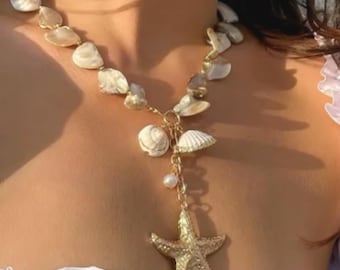 Retro Starfish White Shell Conch Pendant Necklace