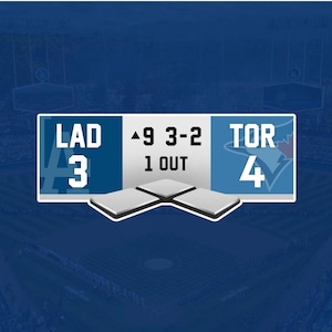 May include: A baseball scoreboard displays the scores for LAD and TOR. LAD has 3 runs, TOR has 4. The inning is the 9th, with 1 out. The background is a blue stadium.