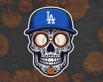 Dia De Los Muertos LA Baseball  -  Day of The Dead Sugar Skull   - 2.25” x 3” Durable Vinyl Sticker Decal for Water Bottles, Laptops, Phone