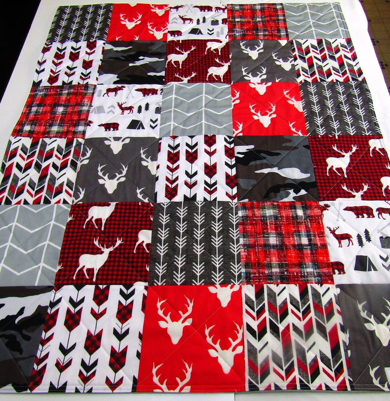 Rustic Buck Bear Antler Woodland Baby Quilt Red Minky Plaid Baby Bedding Camo Gray Hunting Baby Blanket Modern Boy Arrows