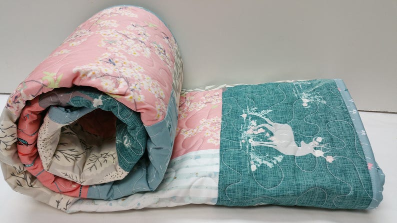 Arrows Modern Crib Bedding Pink and Blue Nursery Woodland Baby Girl Quilt Antlers Feathers Homemade Quilted Baby Blanket Buck