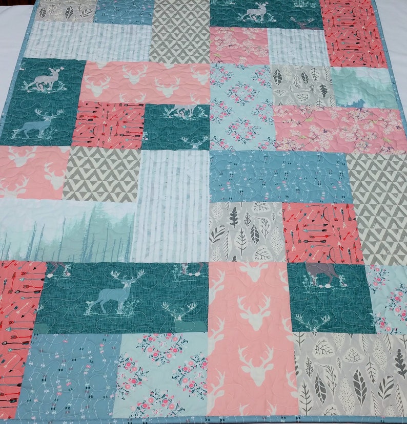 Arrows Modern Crib Bedding Pink and Blue Nursery Woodland Baby Girl Quilt Antlers Feathers Homemade Quilted Baby Blanket Buck