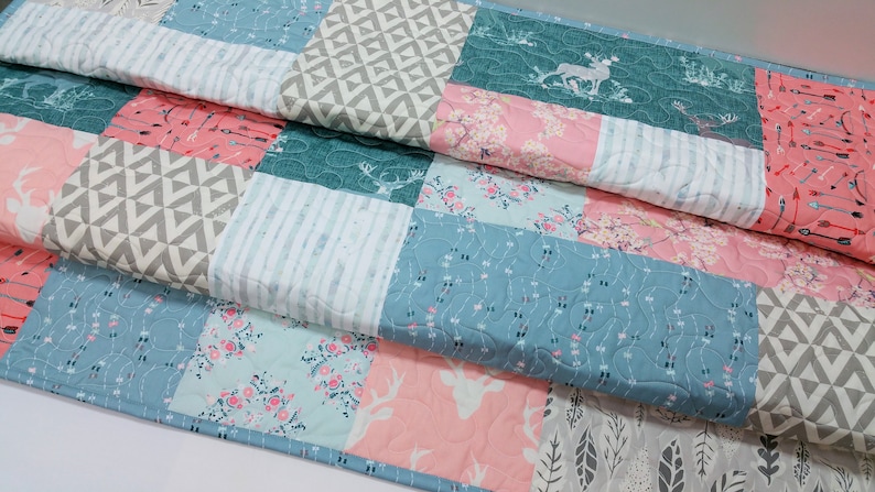 Arrows Modern Crib Bedding Pink and Blue Nursery Woodland Baby Girl Quilt Antlers Feathers Homemade Quilted Baby Blanket Buck