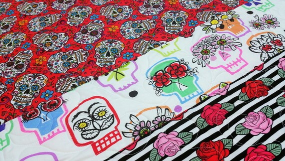 Sugar Skull Baby Quilt Modern Crib Bedding Red Gray Etsy