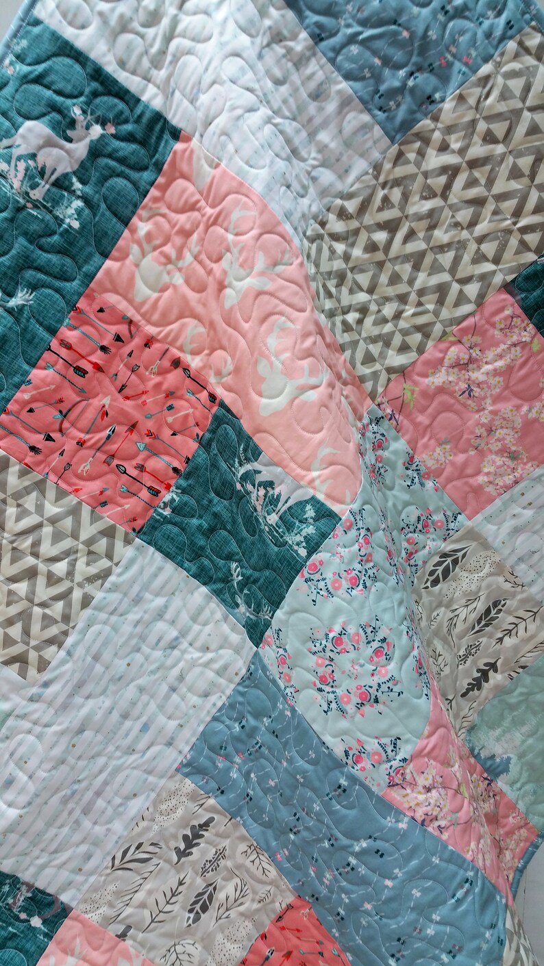Arrows Modern Crib Bedding Pink and Blue Nursery Woodland Baby Girl Quilt Antlers Feathers Homemade Quilted Baby Blanket Buck